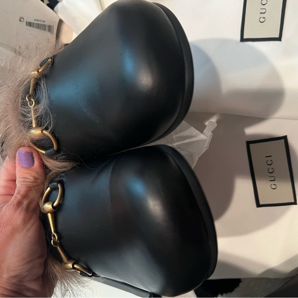 Gucci River RARE black leather horsebit kangaroo fur lined slipper mules men 5.5 - Picture 7 of 11